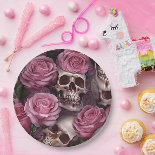 ピンクゴシックパーティー供給スカルフローラヴィンテージ ペーパープレート (パーティー)