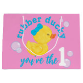ピンクゴムダッキー（アヒルちゃん）あなたはの1歳の誕生日 ラージペーパーバッグ (正面)