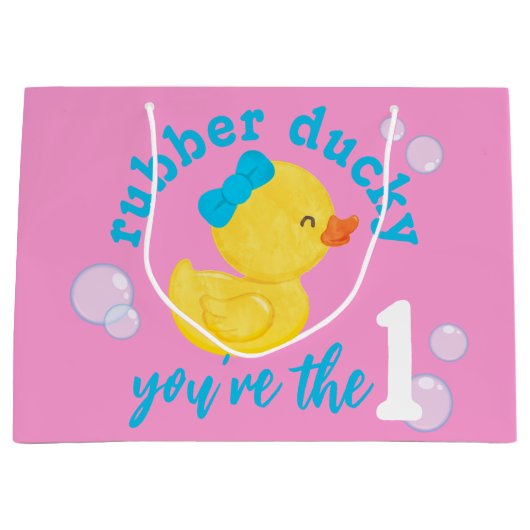 ピンクゴムダッキー（アヒルちゃん）あなたはの1歳の誕生日 ラージペーパーバッグ (正面)