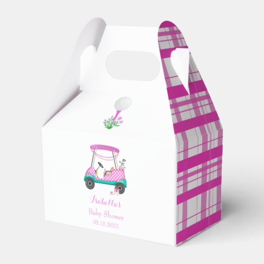 ピンクゴルフカートとベビー用品ベビーシャワー フェイバーボックス (正面サイド)