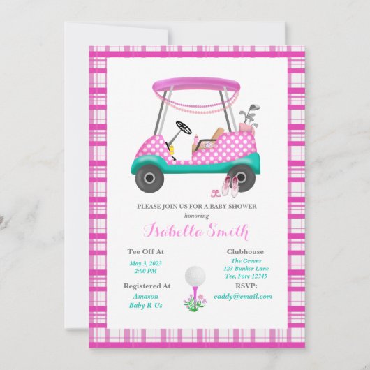 ピンクゴルフカートとベビー用品ベビーシャワー 招待状 (正面)