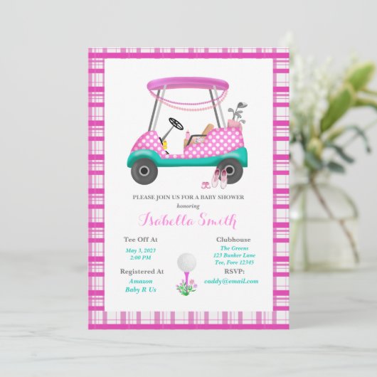 ピンクゴルフカートとベビー用品ベビーシャワー 招待状 (スタンド正面)