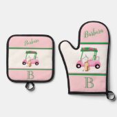 ピンクゴルフカートのクラブモノグラム名 鍋つかみ&鍋敷きセット (正面)