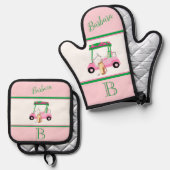 ピンクゴルフカートのクラブモノグラム名 鍋つかみ&鍋敷きセット (正面/裏面)