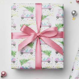 ピンクゴルフカートのクリスマスツリーホワイトラッピング紙 ラッピングペーパー