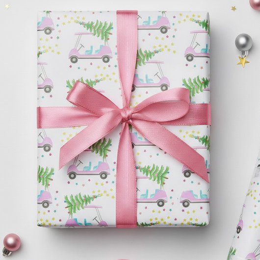 ピンクゴルフカートのクリスマスツリーホワイトラッピング紙 ラッピングペーパー