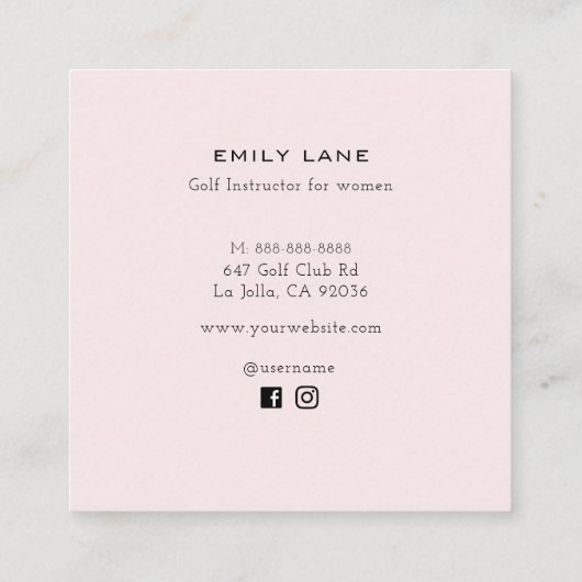 ピンクゴルフカート女性ゴルフインストラクターゴルフプロ スクエア名刺 (裏面)