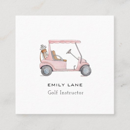 ピンクゴルフカート女性ゴルフインストラクターゴルフプロ スクエア名刺 (正面)