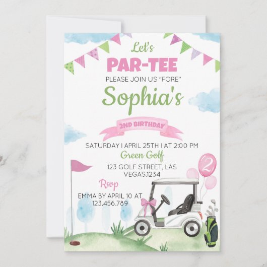 ピンクゴルフガール誕生日パーティー参加者任意の年齢 招待状 (正面)
