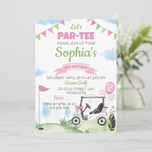 ピンクゴルフガール誕生日パーティー参加者任意の年齢 招待状 (スタンド正面)