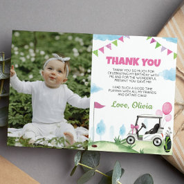 ピンクゴルフガール誕生日写真サンキューカード サンキューカード