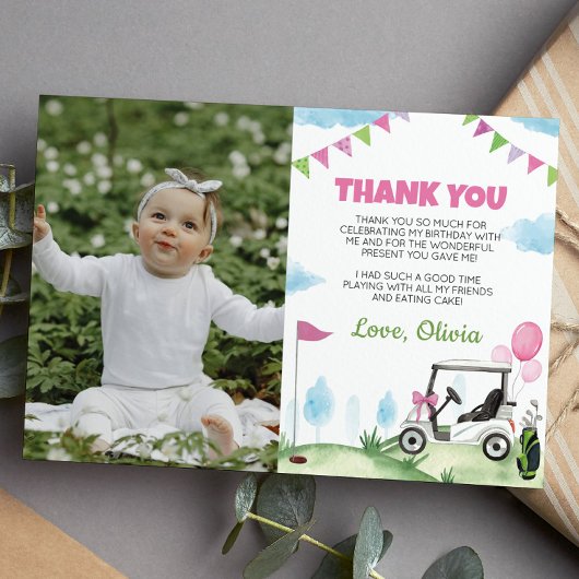 ピンクゴルフガール誕生日写真サンキューカード サンキューカード