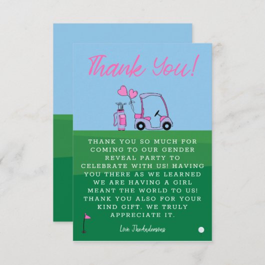 ピンクゴルフジェンダーリビールパーティーありがとう サンキューカード (正面/裏面)