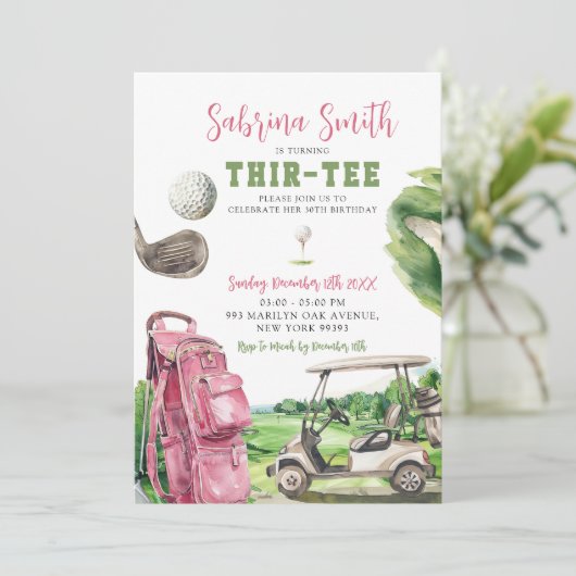 ピンクゴルフティールティー誕生日招待状 招待状 (スタンド正面)