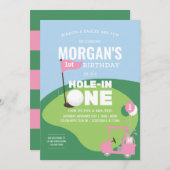 ピンクゴルフホールインワン誕生日招待状 招待状 (正面/裏面)