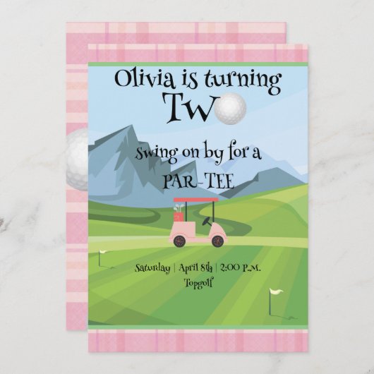 ピンクゴルフ2回目の誕生日 招待状 (正面/裏面)