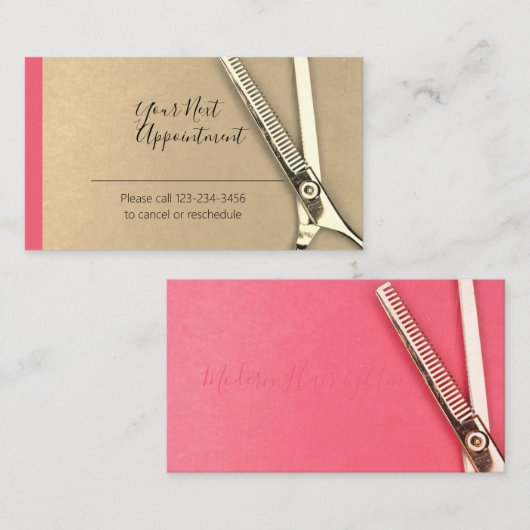 ピンクゴールデンかわいらしシザーアポイントメントアラーム 名刺 (正面/裏面)