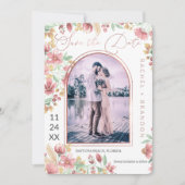 ピンクゴールデンイエローフローラアーチフォト結婚ズ セーブザデート (正面)