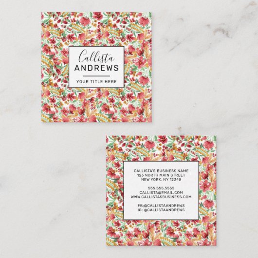 ピンクゴールデンイエローホワイトウォーター色フローラルパターン スクエア名刺 (正面/裏面)