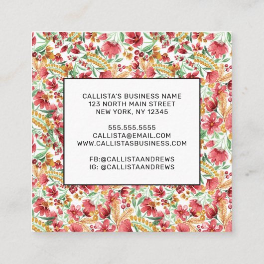 ピンクゴールデンイエローホワイトウォーター色フローラルパターン スクエア名刺 (裏面)