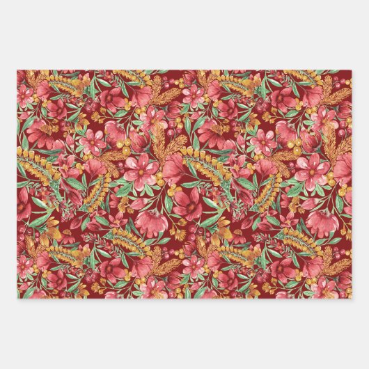 ピンクゴールデンイエローホワイトウォーター色フローラルパターン ラッピングペーパーシート (正面2)