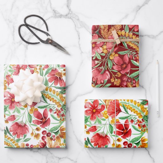 ピンクゴールデンイエローホワイトウォーター色フローラルパターン ラッピングペーパーシート (正面)