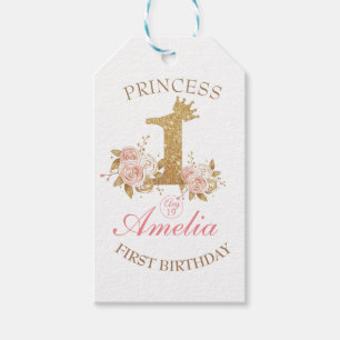 ピンクゴールデンクラウンプリンセス1st誕生日パーティー ギフトタグ