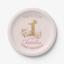 ピンクゴールデンクラウンプリンセス1st誕生日パーティー ペーパープレート