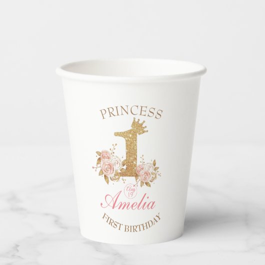 ピンクゴールデンクラウンプリンセス1st誕生日パーティー 紙コップ (正面)
