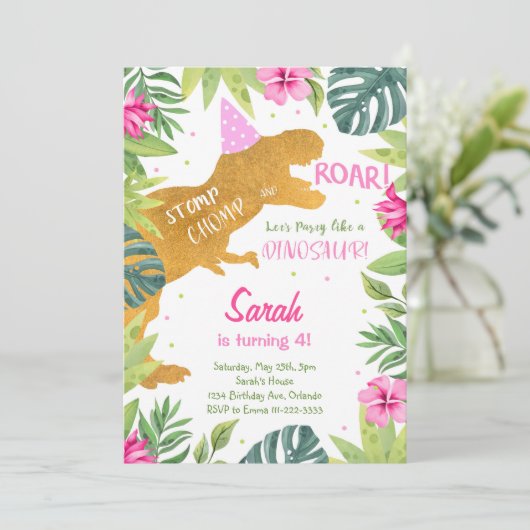 ピンクゴールデングリッター恐竜ガールズ誕生日招待状 招待状 (スタンド正面)