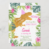 ピンクゴールデングリッター恐竜ガールズ誕生日招待状 招待状 (正面/裏面)