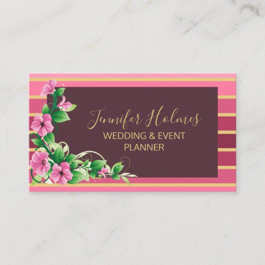 ピンクゴールデンストライプズ線フローラ 名刺 (正面)
