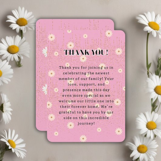 ピンクゴールデンデイジーグリッターグローベビーシャワー サンキューカード