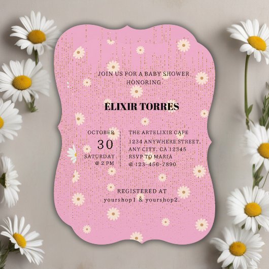 ピンクゴールデンデイジーグリッターグローベビーシャワー 招待状