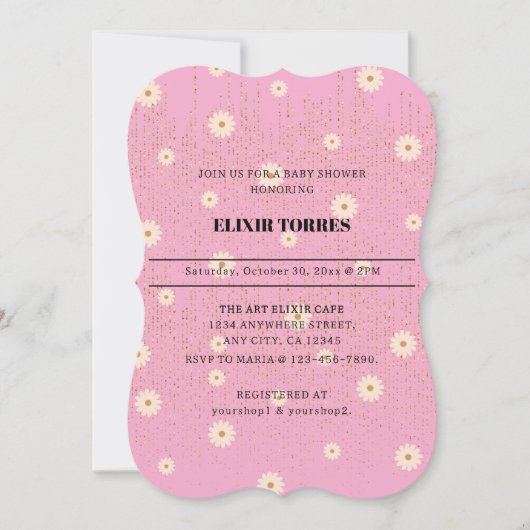 ピンクゴールデンデイジーグリッターグローベビーシャワー 招待状 (正面)