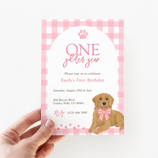 ピンクゴールデンレトリエバーワンゴールデンイヤー誕生日 招待状