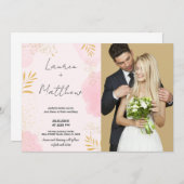 ピンクゴールデン結婚式招待状と写真 招待状 (正面/裏面)