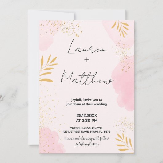 ピンクゴールデン結婚式招待状 招待状 (正面)