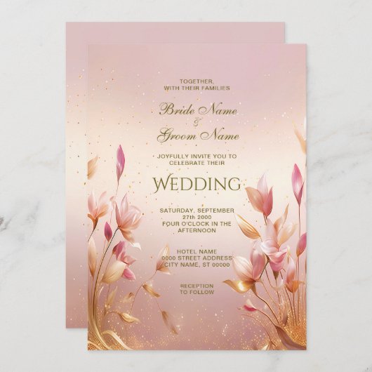 ピンクゴールデン離れフローラ結婚式招待状 招待状 (正面/裏面)
