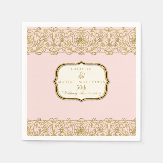 ピンクゴールデン50周年結婚お祝い スタンダードカクテルナプキン (正面)