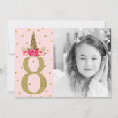 ピンクゴールドのきらめきユニコーン 8歳の誕生日パーティー 招待状 (正面)