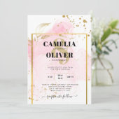 ピンクゴールドのウェディング アルコールインク抽象 招待状 (スタンド正面)