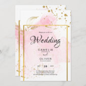 ピンクゴールドのウェディング アルコールインク抽象 招待状 (正面/裏面)