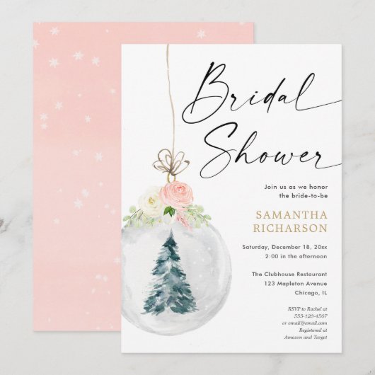 ピンクゴールドのエレガントな冬のブライダルシャワー 招待状 (正面/裏面)