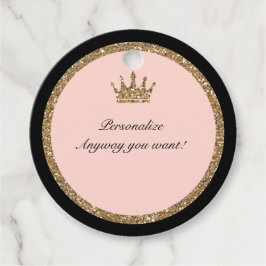 ピンクゴールドのグリッターとブラックのスイート16 プリンセスクラウン フェイバータグ