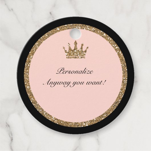 ピンクゴールドのグリッターとブラックのスイート16 プリンセスクラウン フェイバータグ (正面)