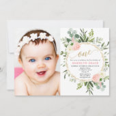 ピンクゴールドのグリーンがおしゃれな女の子の1歳の誕生日写真 招待状 (正面)