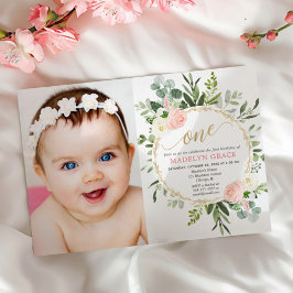ピンクゴールドのグリーンがおしゃれな女の子の1歳の誕生日写真 招待状