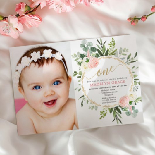 ピンクゴールドのグリーンがおしゃれな女の子の1歳の誕生日写真 招待状