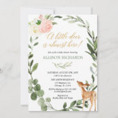 ピンクゴールドのグリーンと鹿の女の子のベビーシャワー 招待状 (正面)